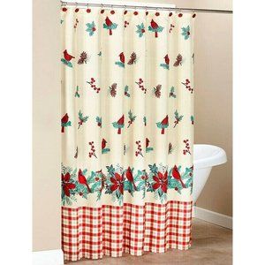 Cardinal Bird Garland Shower Curtain Winter Holiday Holly Berry Poinsettia NEW